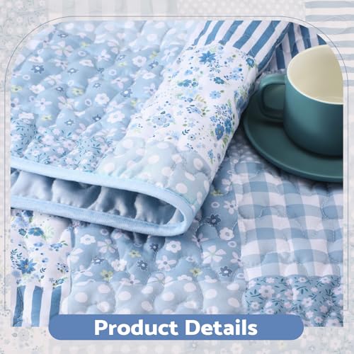 Quilted Throw Blanket 50"x 60" Blue Floral Patchwork Quilt Throw Blanket Reversible Lightweight Shabby Farmhouse Lap Quilt for Couch Sofa Bed Decor