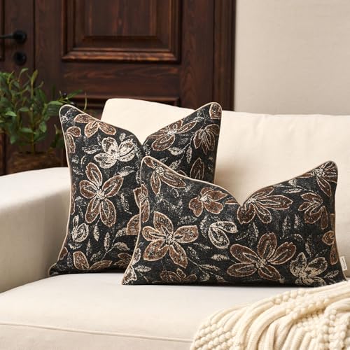 Yangest Flower Pillow Cover 18 x18 Inches, Nature Chenille Square Throw Pillow Cover Soft Luxury Neutral Accent Couch Pillow Cover for Living Room Bedroom, Black - color: Black, size: 18" x 18" (Pack of 1)