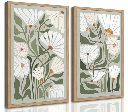 2 Pcs Boho Wildflowers Canvas Wall Art Green Bohemia Abstract Floral Botanical Painting Picture Wall Decor Poster Print Artwork for Living Room Bedroom Bathroom Home Decoration Unframed - color: Poster, size: 16x24in