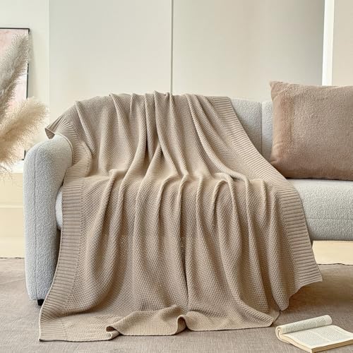 Simple&Opulence 100% Cotton Throw Blanket, Solid Color Cable Knitted Blanket Super Soft Comfortable Breathable Decorative Farmhouse for Couch Sofa Bed, All Season Use(Light Khaki,50x60) - color: Light Khaki, size: Throw 50x60"