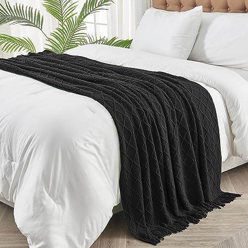 inhand Knitted Throw Blankets for Couch and Bed, Soft Cozy Knit Blanket with Tassel, Black Lightweight Decorative Blankets and Throws, Farmhouse Warm Woven Blanket for Men and Women, 60"x80" - color: Black, size: 60"x80"