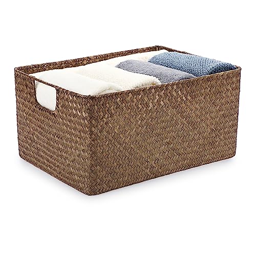 Hipiwe Seagrass Storage Baskets Bin for Shelf Organizing Rectangular Wicker Basket with Handle Handwoven Opened Baskets Bin Decorative Basket Box for Closet Bedroom Organizer - color: Coffee, size: Medium,13.4"x9.4"x 6.7"