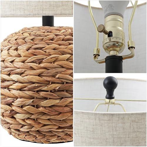 JONATHAN Y 21.5" Brown Modern Coastal Woven Rattan Globe LED Table Lamp for Bedroom, Oatmeal Linen Drum Shade, LED Bulb Included, Rustic Bedside Lamp for Living Room JYL6514A - color: Brown