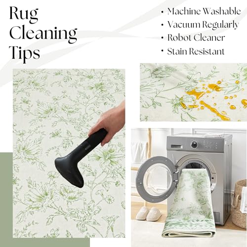 Sage Green Runner Rug 2x6 for Hallways, Non-Slip Washable Kitchen Runner Vintage Boho Farmhouse Floral Sketch Printed Rug Floor Carpet for Laundry Bedroom Entryway Green Cream Beige Flower Design - color: Sketch Floral Sage Green, size: 2' x 6' (Rectangul