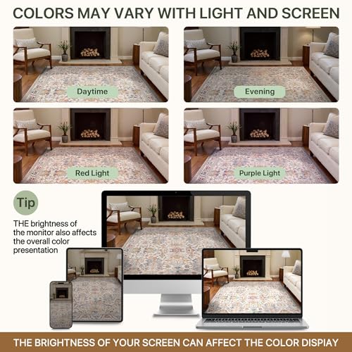 Area Rugs 8x10 Clearance Washable Boho Rug for Bedroom Living Room, Non Slip Thin Low Pile Chenille Carpet for Dining Room,Vintage Farmhouse, Retro Multi - color: Retro Multi, size: 8' x 10' (Rectangular)