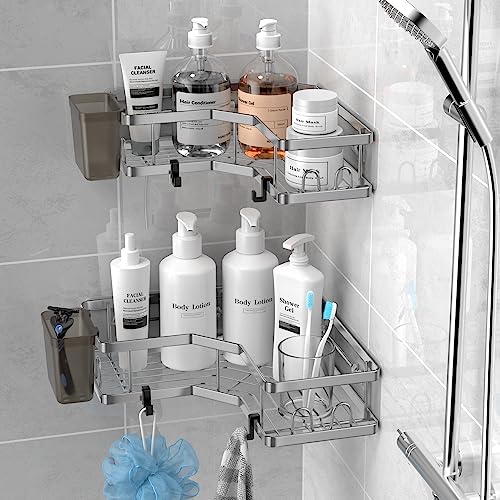 Corner Shower Caddy Bathroom Organizer: AKTECKE 2 Pack Adhesive Shelf Decor- No Drilling Stainless Steel Storage Rack with Hooks and Toothpaste Holder - Accessories Stuff - color: gray, size: 9.6"×9.6"×2.6"