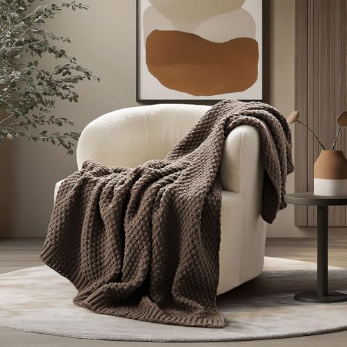 EVERGRACEHOME Chunky Chenille Knit Throw Blanket for Couch, Soft Luxurious Moss Stitch Blankets for Bed, Cozy Decorative Farmhouse Knitted Throws for Sofa, Cocoa Brown, 60" x 80" - color: Cocoa Brown, size: 60" X 80"