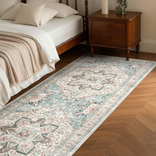 Tortania Area Rug 2x6 Runner Rugs - Washable Vintage Oriental Farmhouse Thin Indoor Carpet for Living Room Bedroom Hallway Entryway Kitchen Under Dining Table Home Office - Aqua Multi - color: Aqua Multi, size: 2' x 6' (Runner)