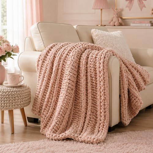 Battilo Chunky Knit Throw Blanket for Couch, Hand Made Chenille Throw Blanket, Super Soft Warm Cozy Pink Blanket for Bed, Sofa, Living Room, 50"x60" - color: Pink