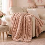 Battilo Chunky Knit Throw Blanket for Couch, Hand Made Chenille Throw Blanket, Super Soft Warm Cozy Pink Blanket for Bed, Sofa, Living Room, 50"x60" - color: Pink