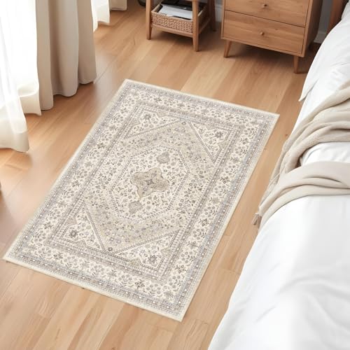Puino Washable Entryway 2x3 Rug: Small Boho Rugs for Indoor Entrance Non Slip Backing Stain Resistant Carpet Low Pile Throw Rugs for Bedroom Bedside Inside Front Door Floor Kitchen Decor(Beige,2x3FT) - color: Beige/Gray, size: 2' x 3' (Rectangular)