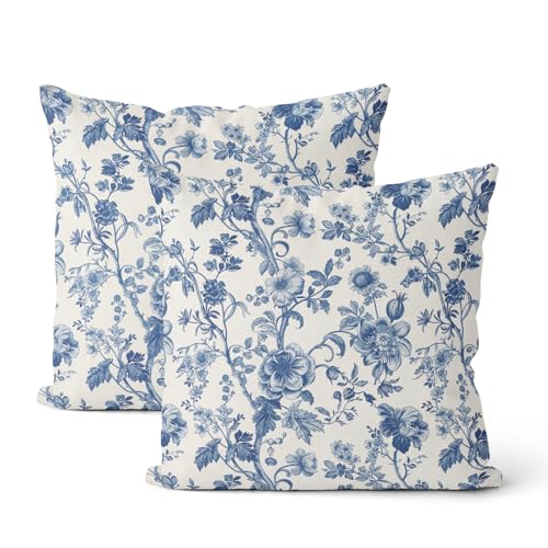 Vintage Blue Throw Pillow Covers 16x16 Inch 2 Pcs Chinoiserie Navy Blue Floral Outdoor Decor Pillow Covers Flower Spring Seasonal Decorative Pillowcase Linen Cushion Cover for Couch Sofa - color: Vintage Blue Flower, size: 16" x 16" (Pack of 2)