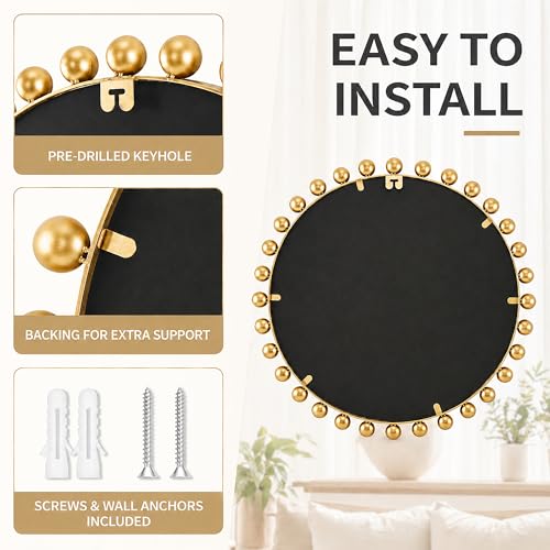 30 Inch Round Wall Mirror with Antique Gold Ball Frame, Beveled Decorative Round Accent Mirror, Vintage Gold Sunburst Style Mirror for Bedroom, Living Room, Entryway, Hallway & Wall Decor - size: Round 30x30"