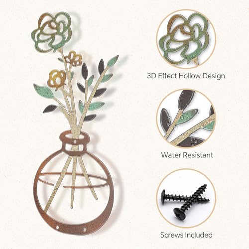 Mcdagogn 3 Pieces Metal Flowers Wall Decor - Rustic Farmhouse Wall Arts, Boho floral Minimalist Wall Decor for Living room Bathroom Bedroom laundry Room Kitchen Office - Housewarming Gifts - color: Brown-Green