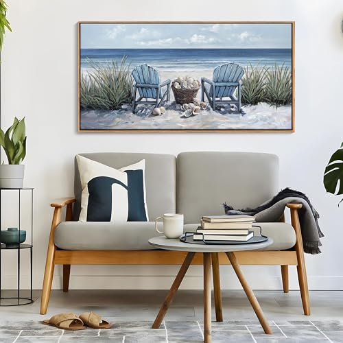 HGUAOA Coastal Wall Art - Large Landscape Wall Pictures for Living Room, Bedroom Pictures, Ocean Beach Artwork, Blue Wall Art, Above Bed Decor, Coastal Landscape Wall Decor,Framed Beach Pinting - color: Blue-F, size: 40"L x 20"W