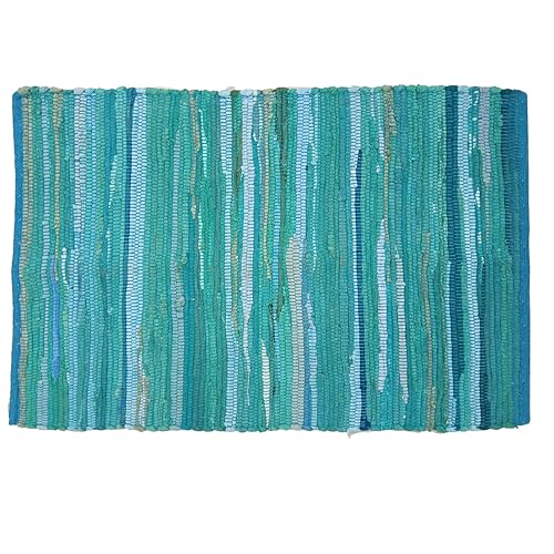 Cotton Hand Woven Chindi Rug 2x3 Feet - Teal, Reversible Accent Front Door Mat Ideal for Kitchen, Entryway, Laundry Room | Green Durable Farmhouse Indoor Outdoor Floor Rag Rugs Ideal for Kids Space - color: Teal, size: 2 x 3 feet