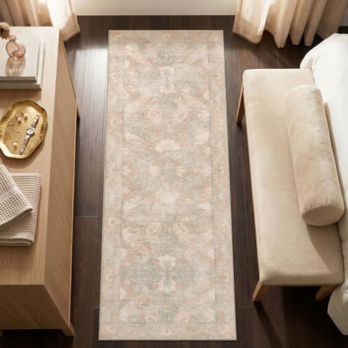 SIRIS 2x6 Washable Runner Rug, Symmetrical Botanical Floral Rug, Vintage Soft Low-Pile Non-Slip Floor Mat, High-Traffic Aisle Kitchen Runner for Entryway Laundry Room Bathroom, Muted Rose - color: Siris Muted Rose, size: 2' x 6' (Runner)