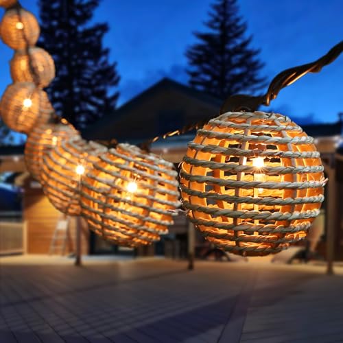 Decorative Outdoor Patio String Lights, Seagrass Rattan Wire Ball Style Lantern String Lights, Connectable Weatherproof Indoor Outdoor Globe Boho String Light for Home Pergola Garden Party Backyard - style: Seagrass Rattan Wire Ball