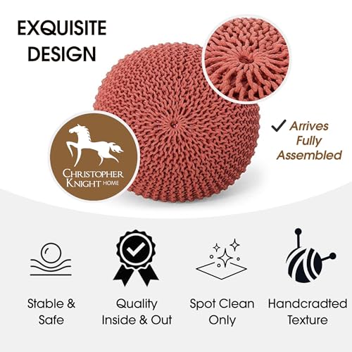Nahunta Knitted Round Pouf - Cotton - Coral - color: Coral