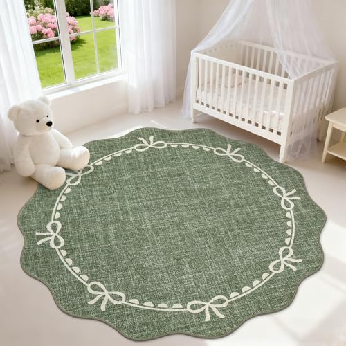 GarveeHome Scalloped Bow Rug for Living Room, 4ft Round Rugs Washable Solid Green Rug for Dorm Soft Low Pile Non Slip Scalloped Rugs for Nursery Bedroom Decor Kids Room Playroom - color: Green, size: 4' (Round)