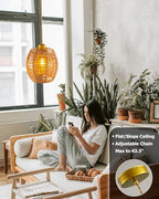 Boho Rattan Pendant Light, Hand-Woven Rattan Pendant Lighting, 4.7″ Small Wicker Chandelier, Woven Hanging Light Fixture for Kitchen Island Dining Room Bedroom Hallway - color: 4.72″-Drum-shape