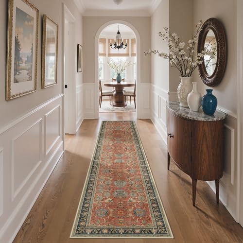 Bavni 2x10 Washable Runner Rug Non Slip, Vintage Distressed Accent Hallway Runner, Low Pile Coral Red Blue Carpet Stain Resistant, Kitchen Runner Floral Rugs for Entryway, Bedroom, Laundry, Nursery - color: Coral Blue, size: 2' x 10' (Rectangular)