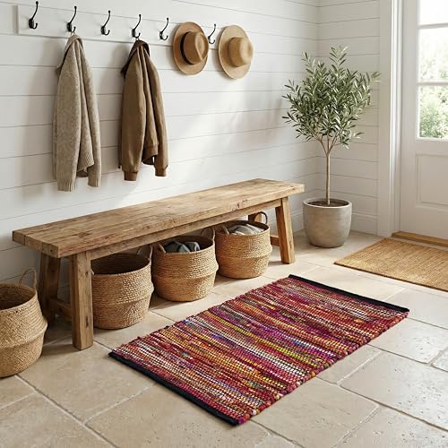 Cotton Hand Woven Area Rug 2x3 Feet - Multi, Colorful Durable Small Bohemian Decorative Rag Rugs Ideal for Entryway, Kitchen, Bedroom | Red Farmhouse Reversible Soft Door Way Floor Mat for Balcony - color: Multi Cotton, size: 2 x 3 feet
