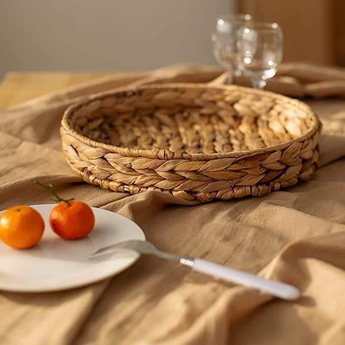 Kingwillow Small Handwoven Water Hyacinth Round Tray, Decorative Fruit & Servicing Basket for Centerpiece, Coffee Table, Dining & Home Decor