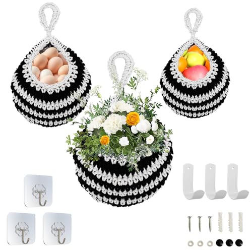 Boho Wall Hanging Fruit Basket for Kitchen - Handcrafted Rope Hanging Produce Organizer, Tassel Decor, Perfect for Fruits, Veggies, Snacks, Bohemian & Farmhouse Home Decor. - color: Black and White-01