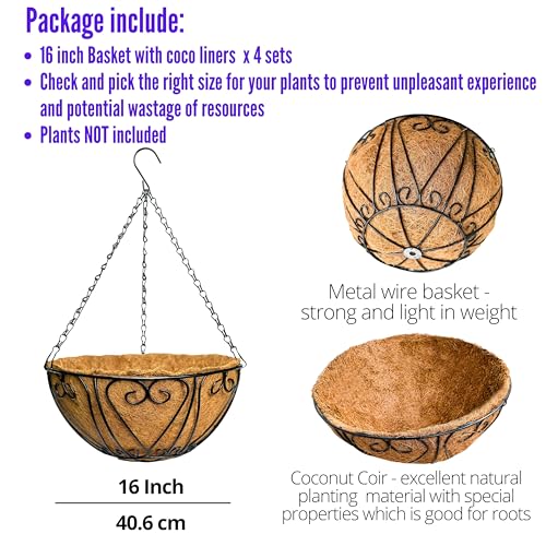 LaLaGreen Hanging Baskets for Plants (16 Inch, 4 Pack) Extra Large Hanging Flower Pot with Coco Liner Black Metal Wire Round Plant Holder with Hanger Hook Chain Outdoor Patio Deck Balcony Garden Decor - size: 16" x 4 Pack