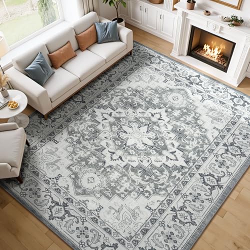 Lessymo 7 x 10 Area Rugs for Living Room- Machine Washable Area Rugs Boho Faux Wool Low Pile Area Rug for Bedroom, Floral Medallion Vintage Rugs with Non-Slip Rubber, Kid & Pet Friendly, Grey White - color: Grey Beige, size: 7' x 10' (Rectangular)