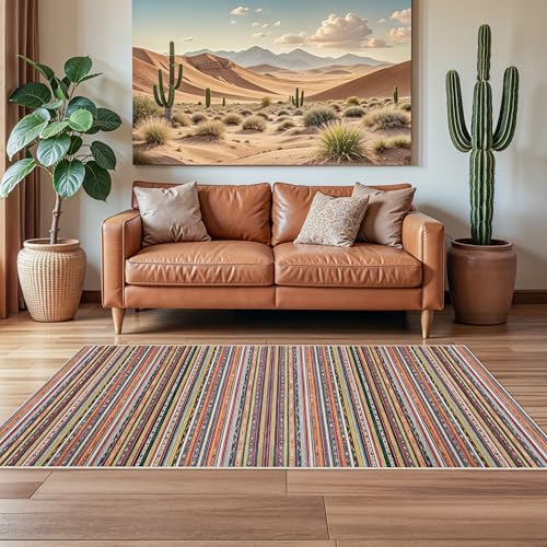 HILORUUG 4x8 Rug Washable Indoor: Non-Slip Southwestern Striped Carpet for Kitchen Hallway Entry - Farmhouse Low Pile Stain Resistant Long Thin Front Door Mat 4x8 Red/Blue/Multi - color: Multi Color, size: 4' x 8' (Rectangular)