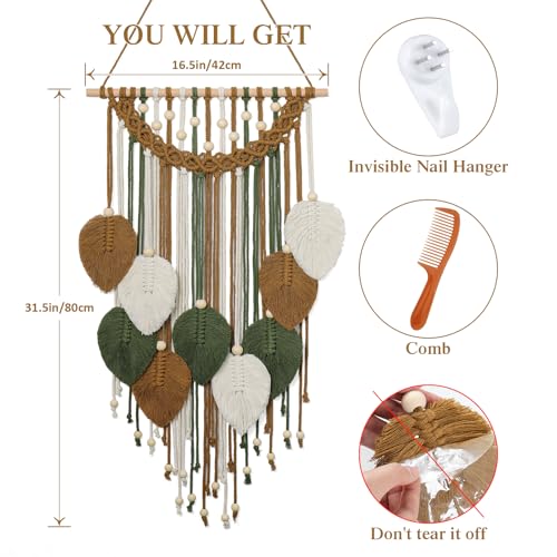 Weldomcor Macrame Wall Hanging Boho Leaf Woven Tapestry, Bohemian Chic Home Decor Modern Handmade Leaves Feather Wall Art Decorations for Bedroom Living Room Apartment Ornament 16.5"W X 31.5"L (Brown) - color: Brown