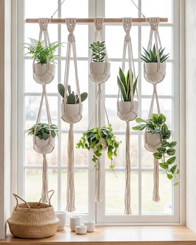Bamworld Macrame Plant Hanger with Wooden Dowel Multi-Tier Hanging Planters for Indoor Plants Wall Mounted Hanging Plant Holder with 8 Pockets Boho Hanging Baskets for Wall Decor(Pot Not Included)
