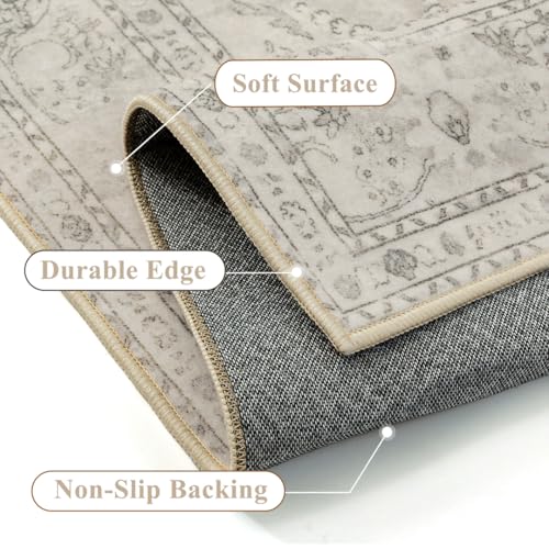 PureCozy Beige 2x3 Area Rug Washable Vintage Small Carpet for Entryway Kitchen Soft Retro Floral Low Pile Thin Door Mat Non Slip Central Medallion Throw Rug for Bathroom Office Bedroom Dining Room - color: Beige, size: 2' x 3' (Rectangular)