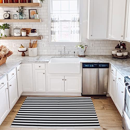 Black and White Outdoor Rug 27.5'' x 43'' Striped Front Porch Rug Hand-Woven Cotton Rug Machine Washable Floor Mat Indoor/Outdoor Area Rug for Layered Door Mats/Farmhouse/Living Room (27.5'' x 43'') - color: Black&white Stripe Bb, size: 2'4" x 3'7" (Recta