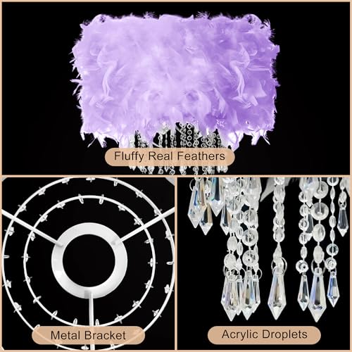 Feather Lamp Shade with Acrylic Beads Droplets, Fluffy Lampshade for Pendant, Table, Floor & Wall Lighting, Girl Bedroom Decor, ID 11.8inch, OD 15.7inch, Purple - color: Purple, size: 15.7 inches