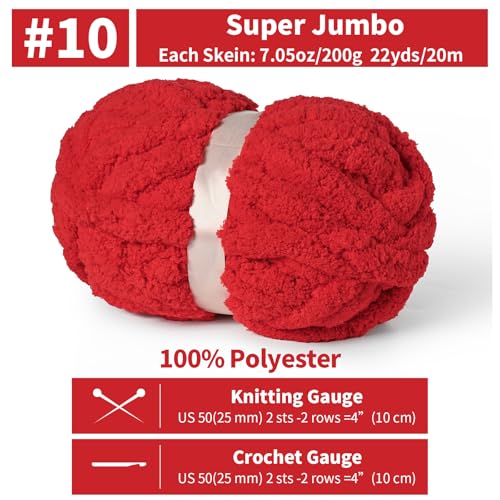 10 Pack Jumbo Chenille Yarn for Crocheting, #10 Super Bulky Baby Soft Yarn for Hand Knitting, 220 yds /70.5 oz Fluffy Chunky Knit Throw Blanket Yarn (Red) - color: 10 Red
