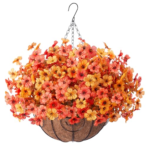 HyeFlora Artificial Flowers with Hanging Basket Planter for Home Decoration, Daisy with Eucalyptus Leaves Outdoor Indoor Garden Yard, Metal Coconut Lining Basket with Faux Plant (Fall-OrangeYellow) - color: Fall-orangeyellow