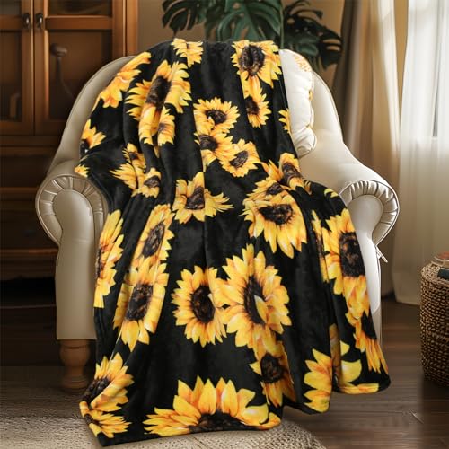 MACEVIA Sunflower Blankets Gifts for Women, Flannel Fleece Sunflower Gift, Floral Throw Blanket for Couch Bed Sofa, Soft Cozy Warm Lightweight Blankets for Travel Camping 260GSM (50"x60") - color: Sunflowers Print 01, size: Flannel Fleece (50x60 IN)