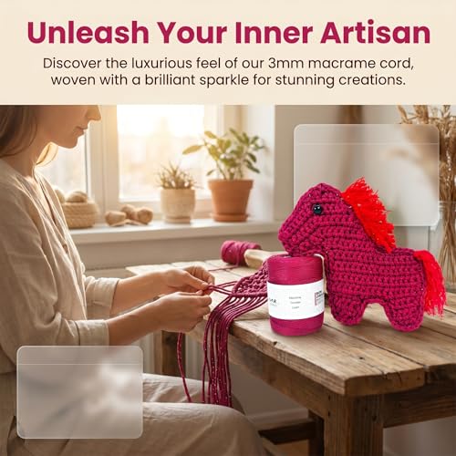 3mm Sparkle Polyester Macramé Cord - 150g/66yds Metallic Glitter Braided Cord for Crocheting Bags, Baskets, Macramé Plant Hangers & DIY Crafts, Machine Washable (5#Red) - color: 5#Red