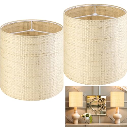 GO&SO Set of 2 Cylinder Drum Lamp Shades Farmhouse Lampshades, 10" L x 10" H (E26 Spider), Woven Lampshades for Table Lamp & Bedside Lamps,Replacement Lamp Shade In Hand Crafted,Easy Assembly Required - color: Hand-woven fabric, size: 10*10*10IN-2PC