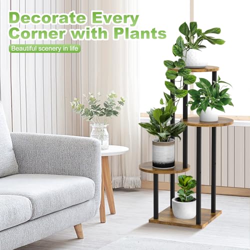 4 Tier Wood Tall Plant Stand Metal Rack Indoor, Multiple Flower Pot Holder Shelves Corner Rack, Round Planter Shelf Display Rack Storage Organizer for Patio Living Room Balcony(Black+Brown) - color: Black+Brown, size: 4 Tier