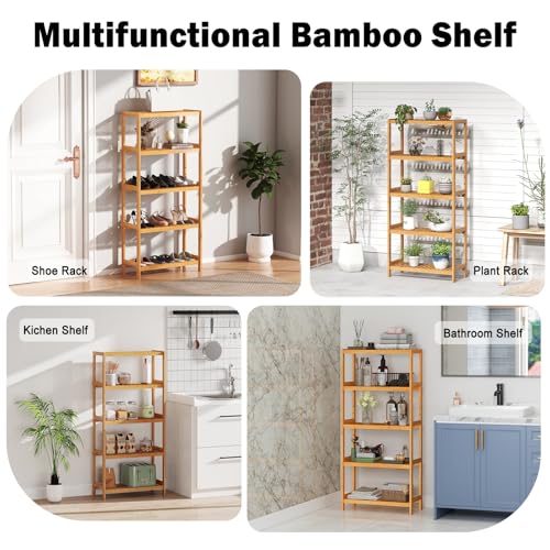 kinbor 5-Tier Bamboo Bathroon Shelf - Multifunctional Bamboo Rack Storage Shelving Rack Utility Shelf for Bathroom Kitchen Living Room - size: 5-Tier