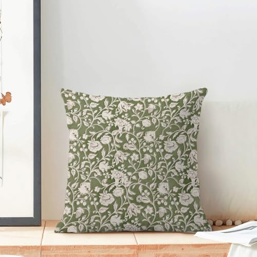 Sage Green Floral Throw Pillow Covers 18x18 Set of 2, Flower Print Linen Decorative Pillow Cover Neutral Vintage Decoration Outdoor Cushion Cover Floral Pillowcase for Sofa Couch Farmhouse Room - color: Print Green, size: 18" x 18" (Pack of 2)
