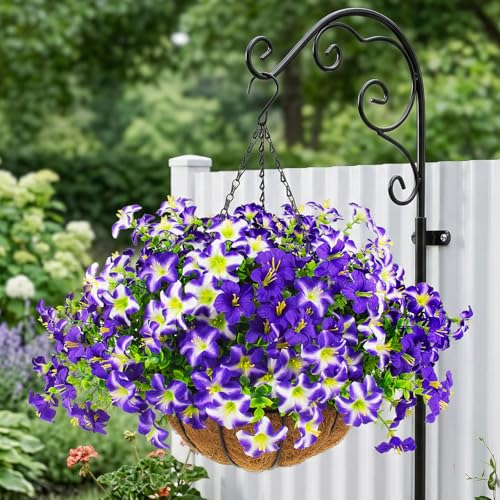 2 Set Artificial Petunias Flowers with Hanging Baskets, 24 Pcs Silk Petunia UV Resistant Purple Faux Petunias Flowers with Hanging Planter for Front Door Porch Spring Outside Decor (2, Purple) - color: Purple