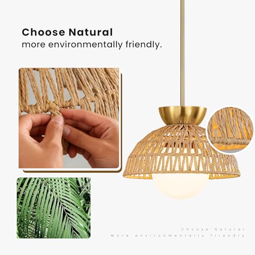 AIJIASI Rattan Pendant Light, 11.8" Hand Woven Boho Pendant Light Fixture with Milk Glass Globe, Gold Kitchen Pendant Lighting Over Island Adjustable Chandelier for Dining Room Hallway Foyer - color: Gold
