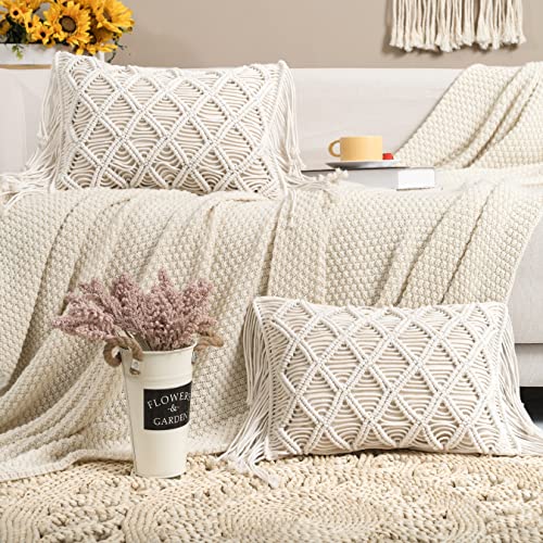 Macrame Lumbar Pillow Cover-Set of 2 Decorative Thorw Pillowcase Boho Tassel Cushion Covers for Sofa Couch Chair Farmhouse Home Decor 12X18 INCH - color: A