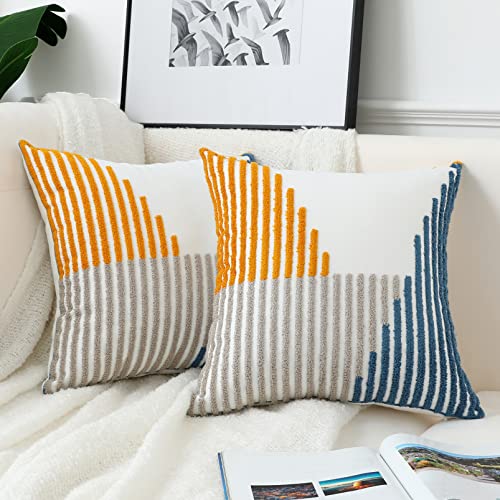 Boho Throw Pillow Covers 18x18 Pack of 2 Modern Striped Patchwork Farmhouse Pillow Covers Decorative for Couch Sofa Bed Outdoor Yellow and Blue Throw Pillow Covers - color: Yellow and Blue, size: 18" x 18" (Pack of 2)
