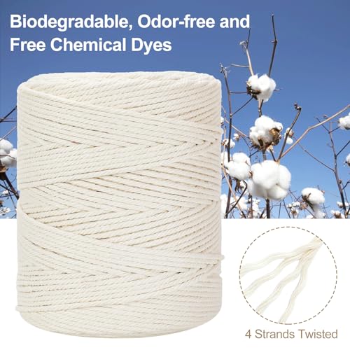 Macrame Cord 4mm x 380Yards (1140Feet), Natural Cotton Macrame Rope - 4 Strands Twisted Macrame Cotton Cord for Wall Hanging, Plant Hangers, Crafts, Gift Wrapping and Wedding Decorations, Beige - color: Beige, size: 0.16 in x 380 yd